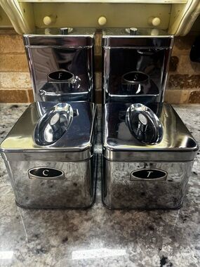 Duro set of 4 vintage chrome kitchen canisters: flour, sugar, coffee, tea
